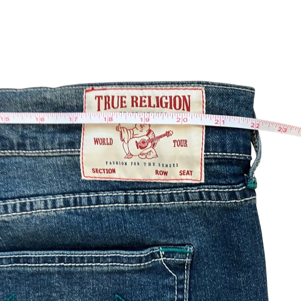 True Religion Ricky Relaxed Straight Jeans Medium Harvest Wash Teal Stitch 42x34